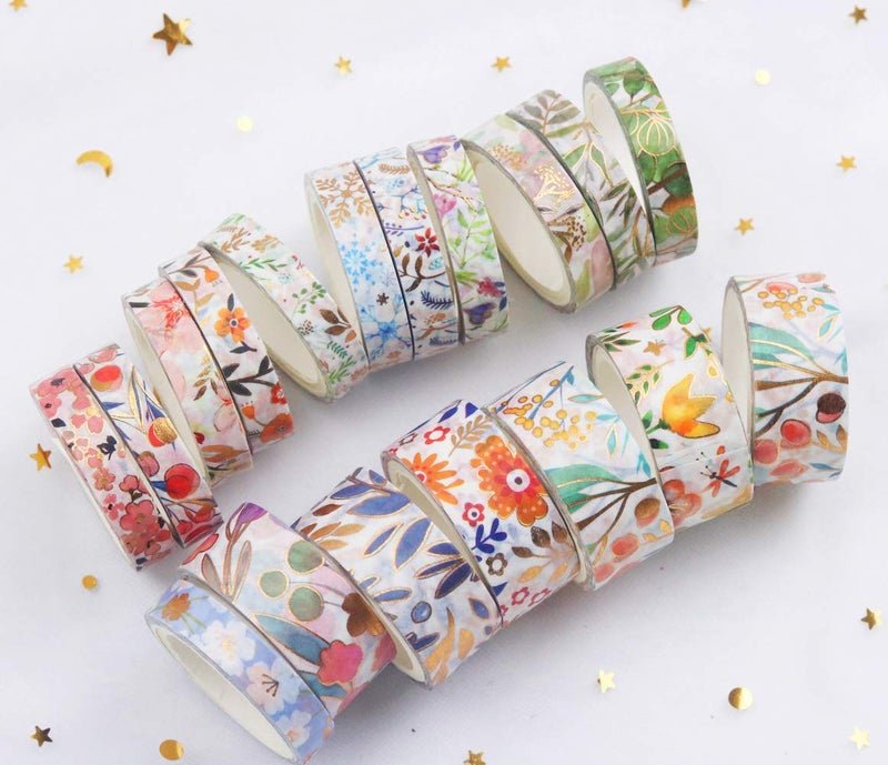 YUBBAEX Floral Gold Washi Tape Set VSCO Foil Masking Tape Decorative for Arts, DIY Crafts, Journal Supplies, Planners, Scrapbook, Card/Gift Wrapping -8/15mm- (Blooming 18 Rolls) - Image 2